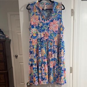 Floral Sleeveless Midi Dress - Blue and Pink